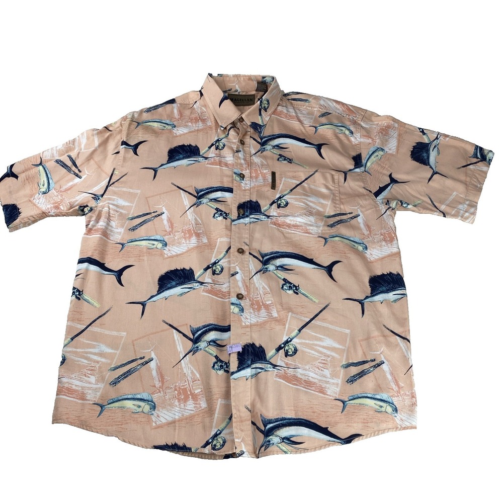VTG Magellan Sportswear Mens XL Button Up Shirt Marlin Fish Beach Coastal Peach